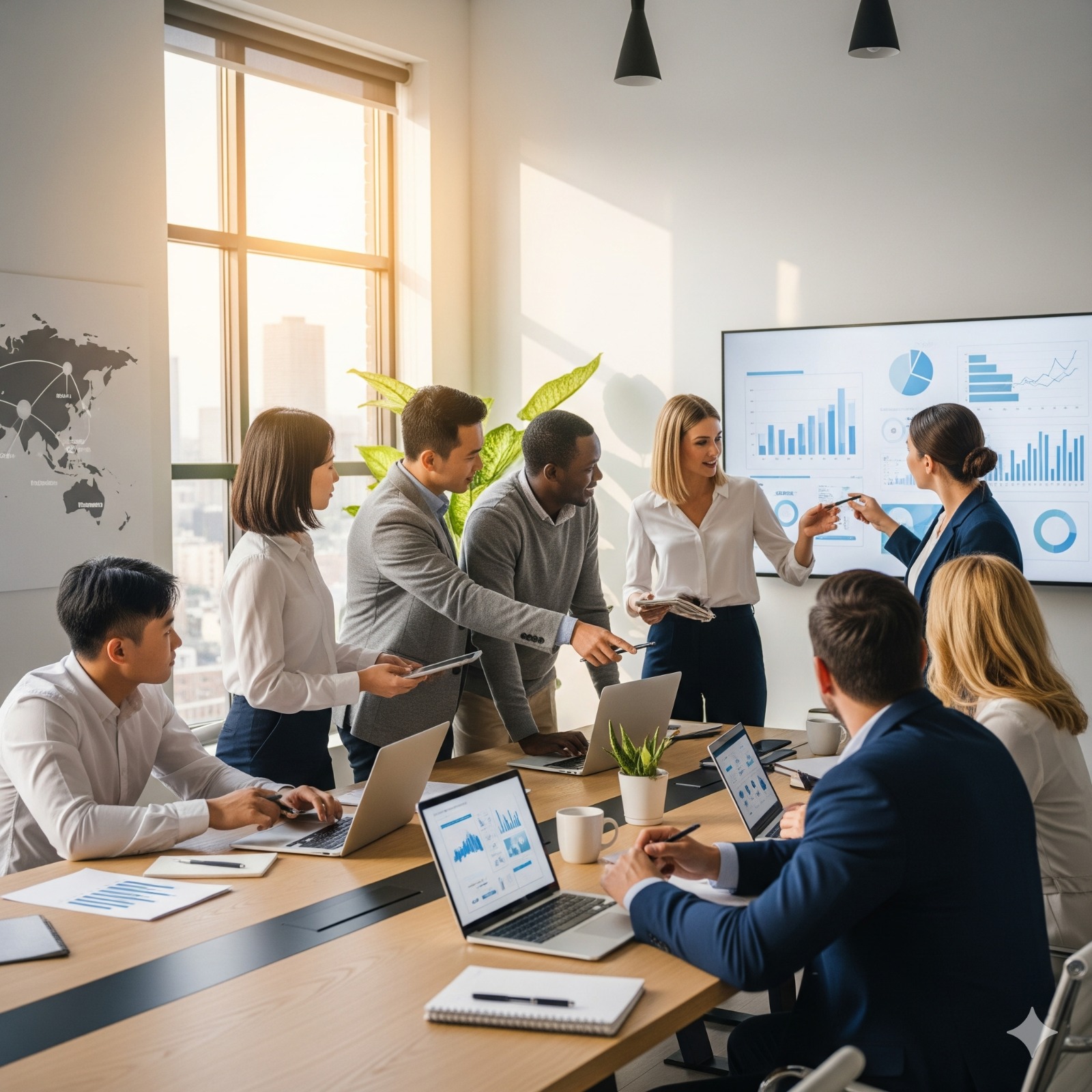 A professional team collaborating in a meeting.